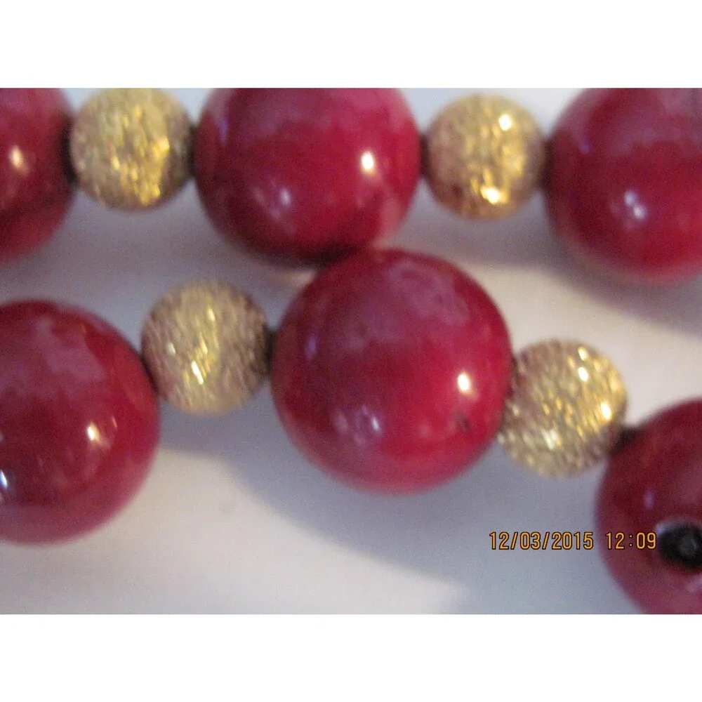 Red Coral Beaded Necklace with Gold Locket and Crystals, 20 inch